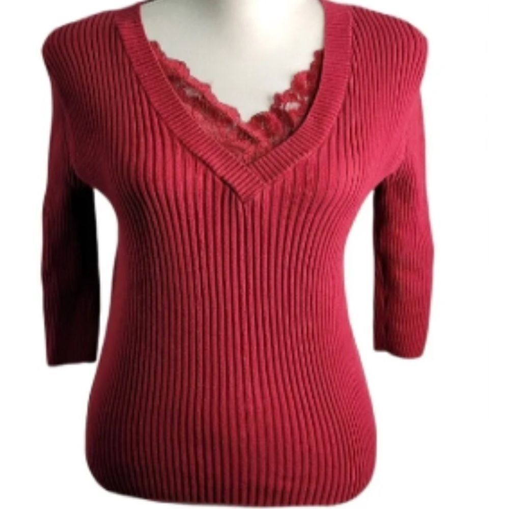 August Silk Women Sweater Size L Red V-Neck Lace Trim ¾ Sleeves Pullover